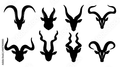 Set of different animal horn silhouettes on tranparent background
