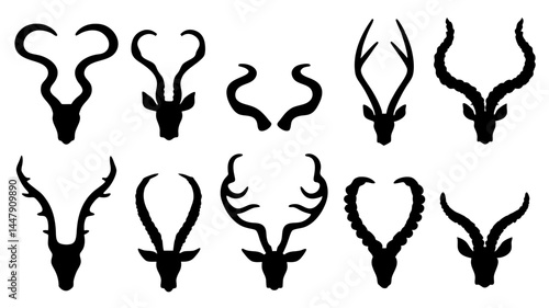 Set of different animal horn silhouettes on tranparent background