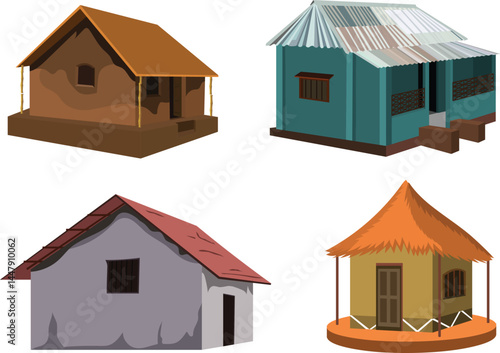 Set of Traditional Rural Village Huts Vector – Mud, Metal tin, and Thatch Roof Houses for Cultural, Architectural, and Educational Design Projects