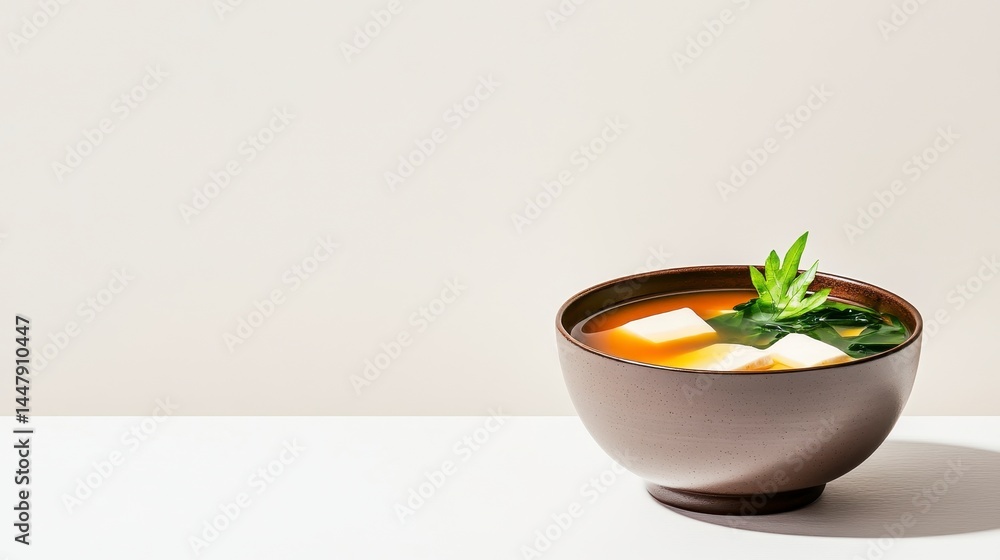 Miso Soup with Tofu and Greens in Brown Bowl on White Surface Miso Soup with Tofu and Greens in Brown Bowl on White Surface