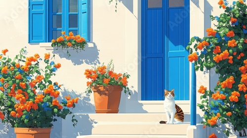 Cat sitting on steps of a white house with blue door