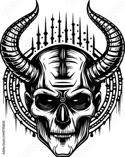 Satanic hacker skull design in SVG format. Intricate Illustration of Skull with Horns and Decorative Elements