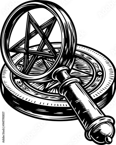 Satanic hacker skull design in SVG format. Magnifying Glass and Pentagram on Circular Base Illustration