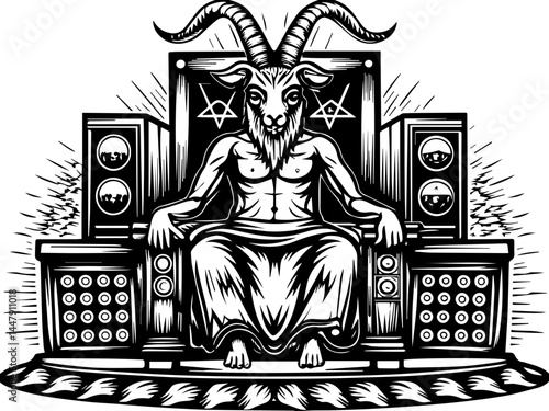 Satanic hacker skull design in SVG format. Goat Symbolism in Art: Mythical Creature Throne Illustration