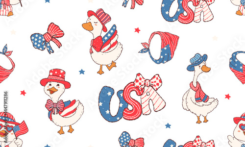 seamless pattern cute patriotic goose in happy Independence Day