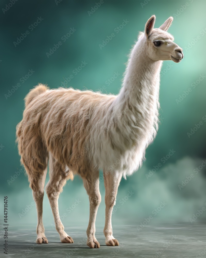 Fototapeta premium A Llama Standing Gracefully in a Dimly Lit Room – A Symbol of Companionship and Domestic Life