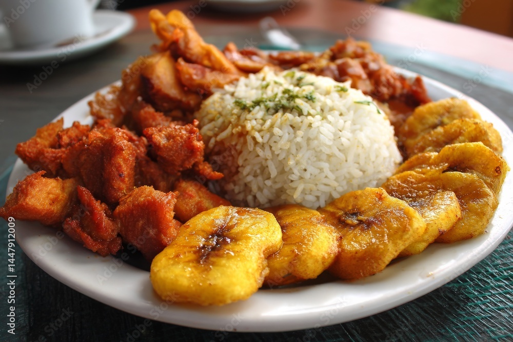 A colorful plate of fried plantains, rice, and sides, a delicious and satisfying meal. A colorful plate of fried plantains, rice, and sides, a delicious and satisfying meal.