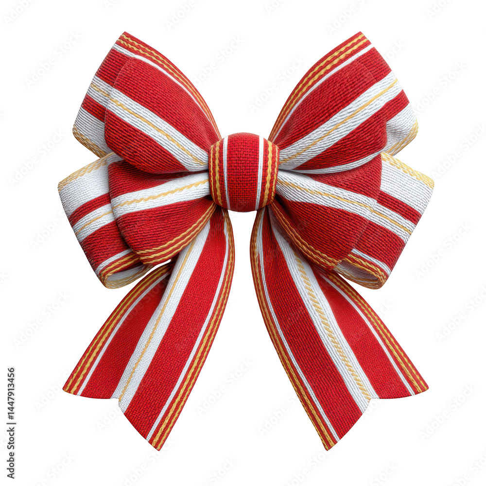 Red striped bow with white and gold accents, decorative ribbon tied in festive style for celebration or gift wrapping