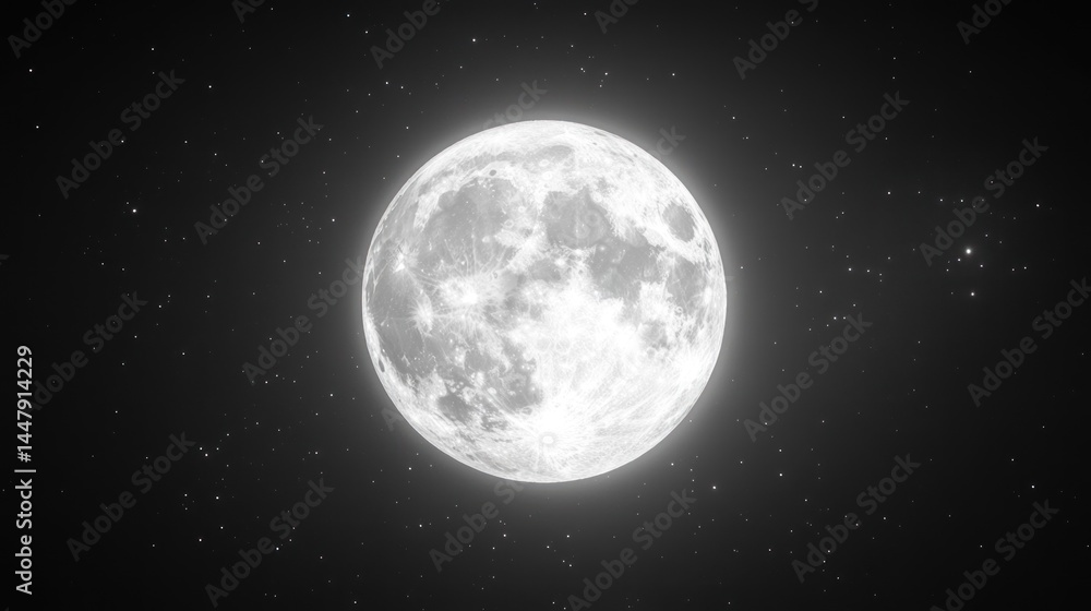 Fototapeta premium Full moon shining brightly in night sky with stars.