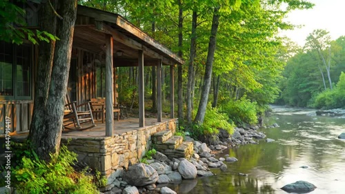 Serene Riverfront Cabin Porch Sunrise Peaceful Nature Escape