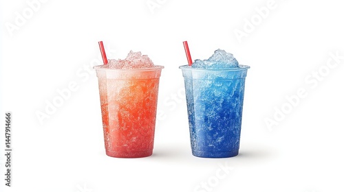 Red and Blue Slushies in Plastic Cups on White Background