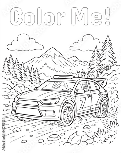 Black and white coloring page of a rally car with number 7 racing through a rocky forest road with mountains, trees, and cheering spectators in the background.