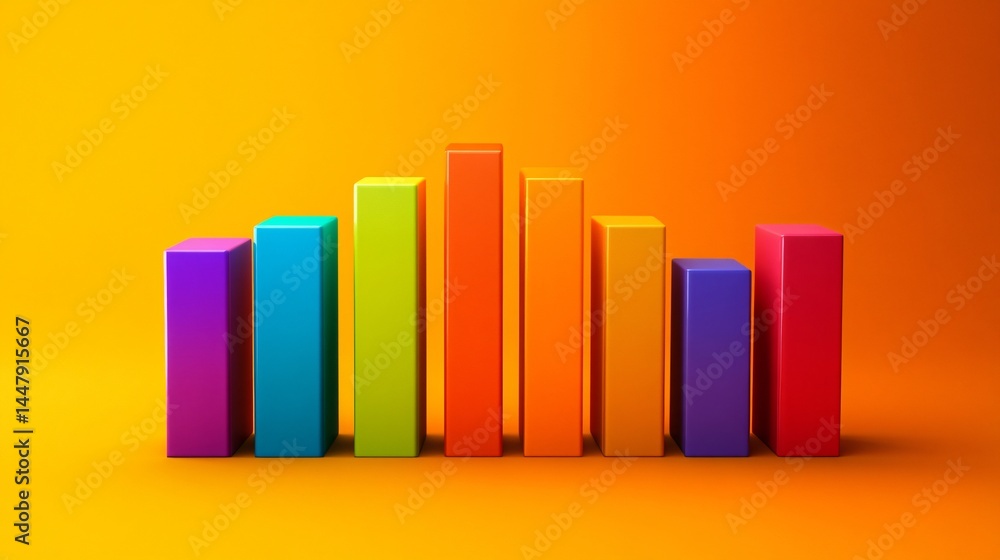 Vibrant Rainbow Bar Graph Colorful 3D Data Visualization for Business, Finance, and Marketing Presentations, Reports, and Infographics on Orange Background. Vibrant Rainbow Bar Graph Colorful 3D Data Visualization for Business, Finance, and Marketing Presentations, Reports, and Infographics on Orange Background.