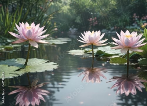 Delicate watercolor water lilies, serene garden scene , image, garden, vibrant