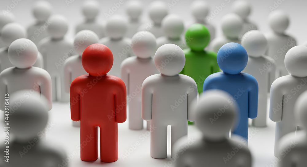 Minimalist People Crowd With Red Blue and Green Figures Stand Out on White Background Minimalist People Crowd With Red Blue and Green Figures Stand Out on White Background