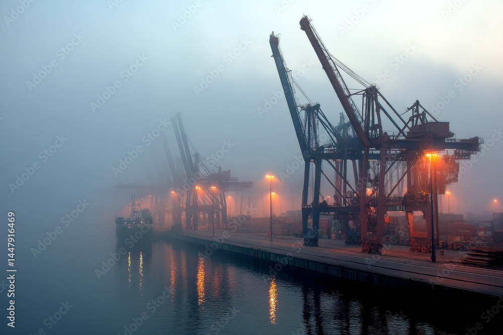Fototapeta premium Dramatic foggy harbor scene with industrial cranes and lights illuminating the dusk.