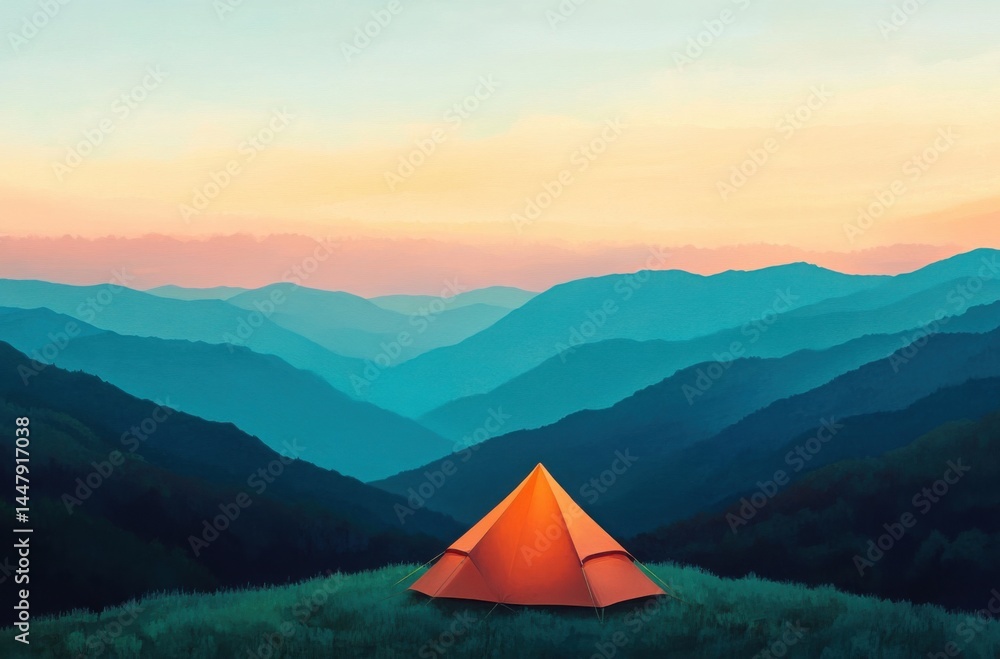 High-resolution landscape showing an illuminated orange tent nestled in tiered green mountain scenery High-resolution landscape showing an illuminated orange tent nestled in tiered green mountain scenery