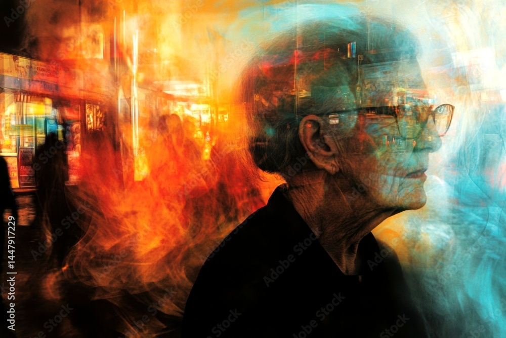 Elderly rehabilitation. Metaphorical macular degeneration emotions of a biological aging. Old man illness. Macular degeneration - difficulty in old age: abstract image of individual status.