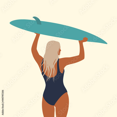 Female Surfer Holding Surfboard Minimal Illustration