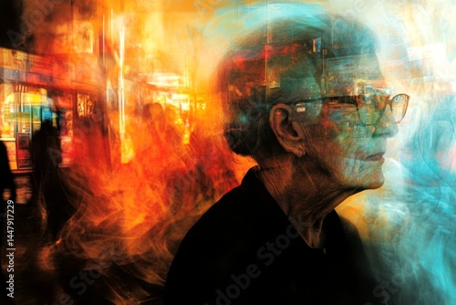 Obraz na płótnie Elderly rehabilitation. Metaphorical macular degeneration emotions of a biological aging. Old man illness. Macular degeneration - difficulty in old age: abstract image of individual status. w salonie