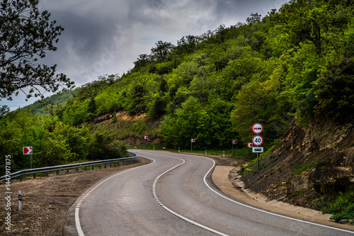 Obraz na płótnie Road Trip the Hill to the Sea. Empty long mountain road to the horizon on a sunny summer day with dramatic cloudy sky. Highway turn panoramic view. Woods rural freeway. Traffic background. w salonie