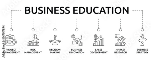 business education banner with icon and keywords