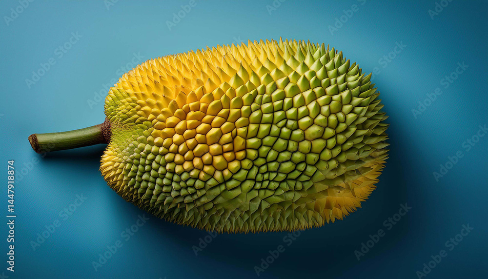 A single pic jackfruit on blue background top view A single pic jackfruit on blue background top view