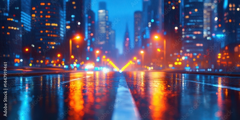 Cityscape at night with illuminated buildings and wet streets after rain Cityscape at night with illuminated buildings and wet streets after rain