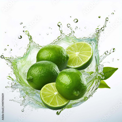Fresh Limes with water splash on isolated white background