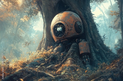 Inactive can-style robot nestled at the roots of an enormous tree