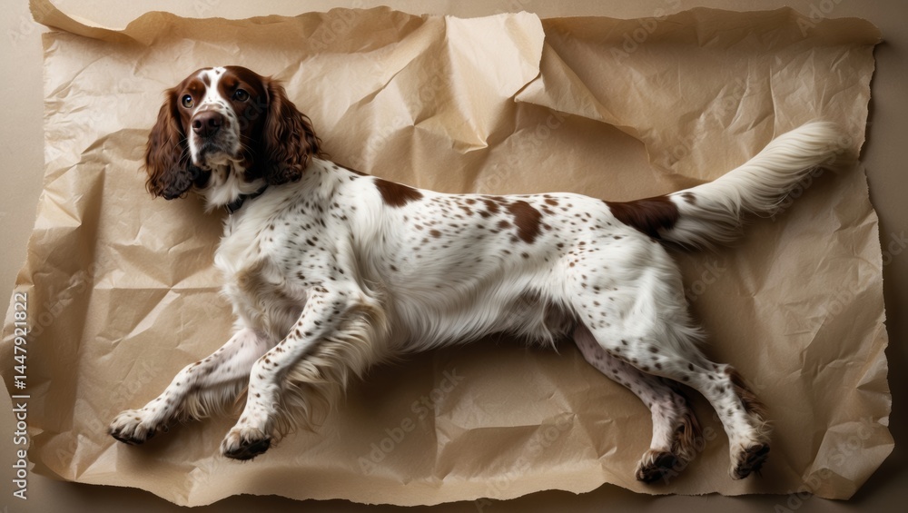 Obraz premium A playful springer spaniel dog lying on crumpled brown paper surface with a relaxed expression