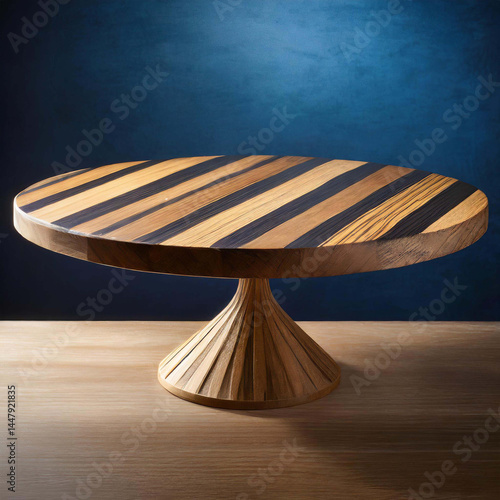 Round table with a wooden surface featuring alternating stripes of light and dark wood