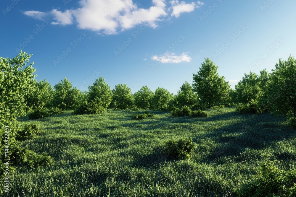 Lush green meadow with trees under a partly cloudy sky