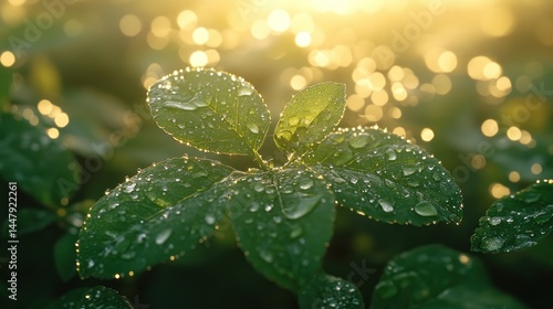 Wallpaper Mural Close-up of dew-covered green leaves at sunrise. Torontodigital.ca