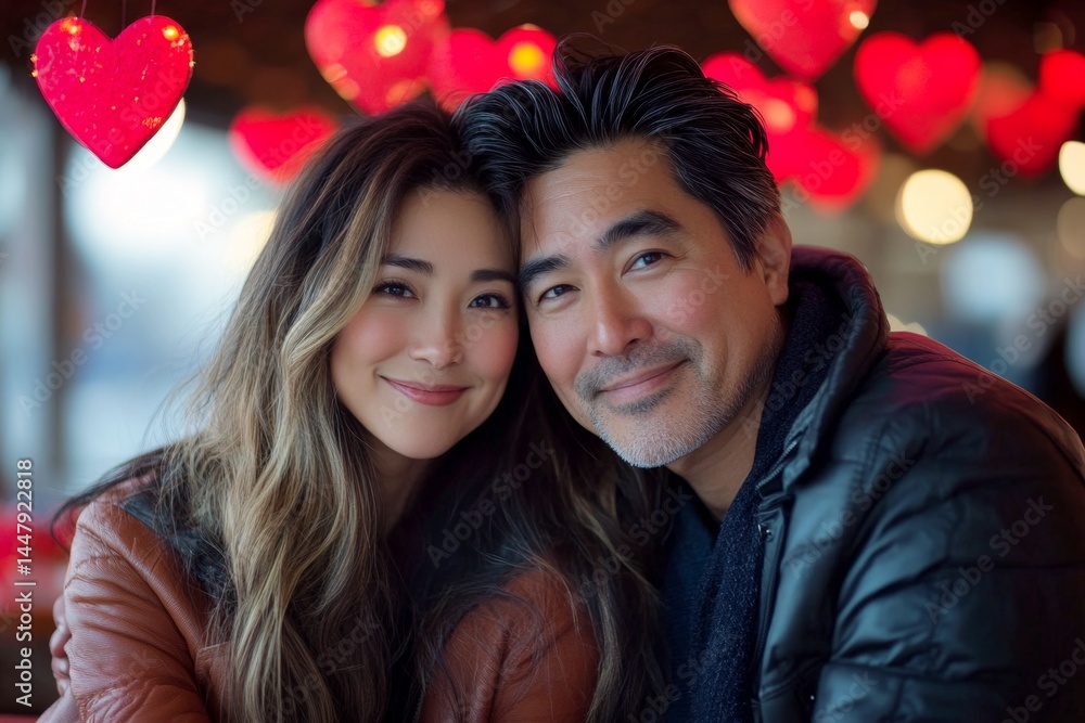 Sign of love and affection. Commercial marketing visual idea. Valentine's day, affectionate couple: remarkable striking image of loving asian midlife lovers. Happy partnership. Couple art.