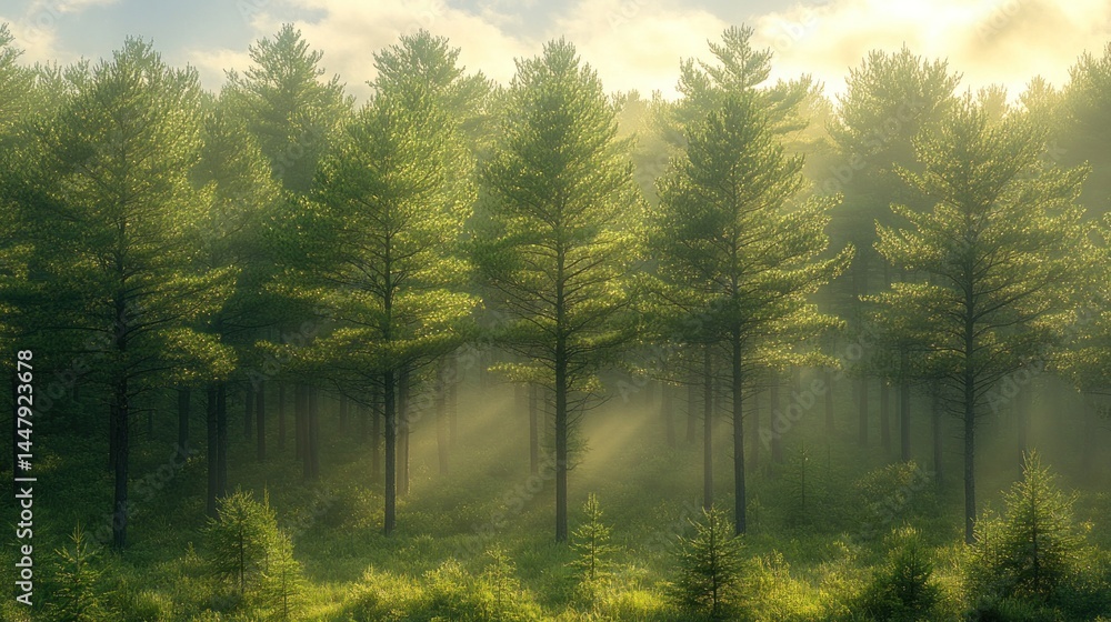 Fototapeta premium Sunbeams pierce misty pine forest at dawn.