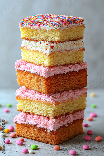 Colorful cake layers with frosting and sprinkles stacked high