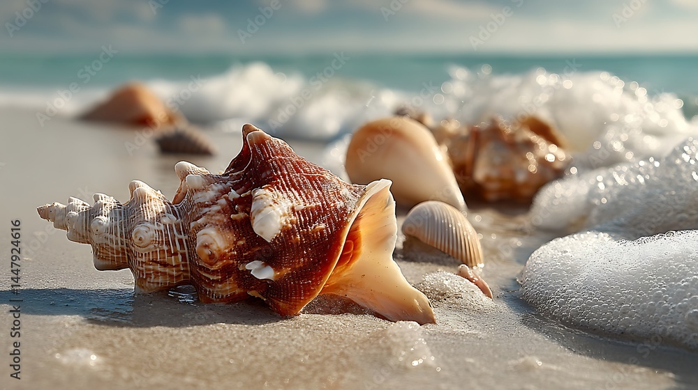 Shell rests on sandy beach with gentle ocean waves Shell rests on sandy beach with gentle ocean waves