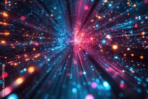 Colorful light particles create a dynamic visual experience in a dark space showcasing movement and energy in a vibrant display of color