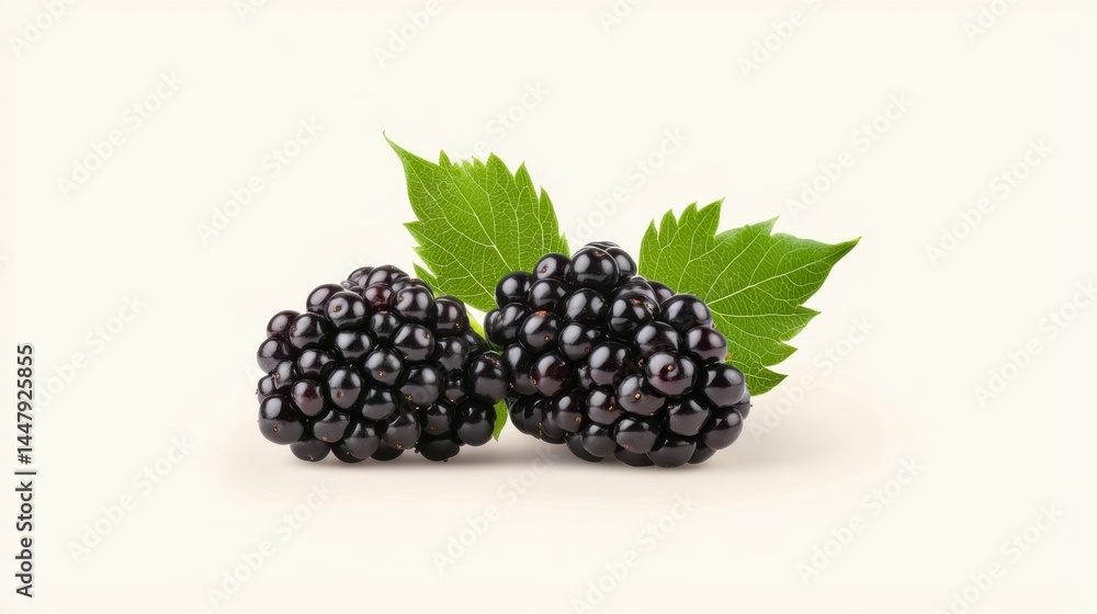 Two Ripe Blackberries with Green Leaves on White Background Two Ripe Blackberries with Green Leaves on White Background