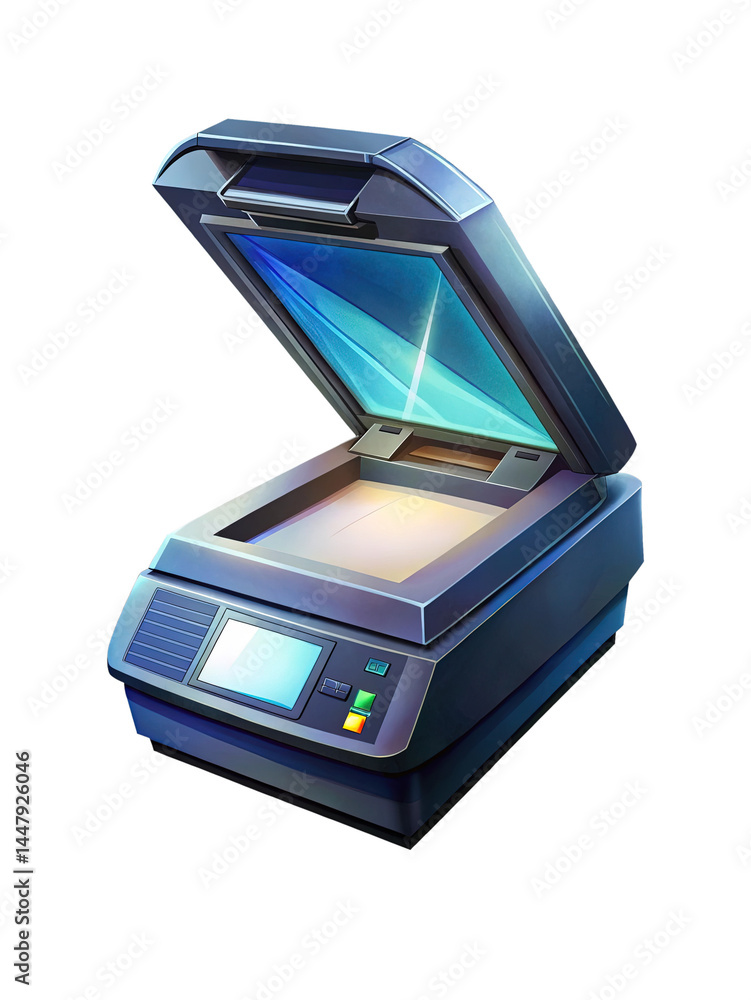 Artistic depiction of an open modern office scanner with an illuminated screen Artistic depiction of an open modern office scanner with an illuminated screen