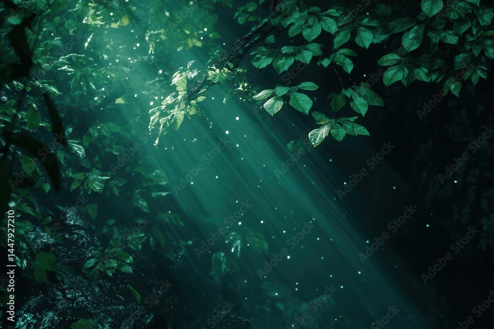 Fototapeta premium Sunlight filtering through lush green leaves in a serene forest, creating a magical atmosphere