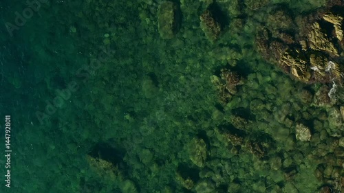 Flat lay the sea bay from drone in Lloret de Mar, Spain, Catalonia, Costa brava.