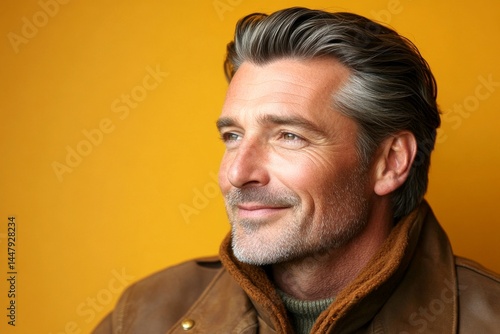 Pattern of style for aging men. Fashionable men's pompadour haircut - midlife white man with blond hair. A serene and handsome man posing in style. Yellow solid background.