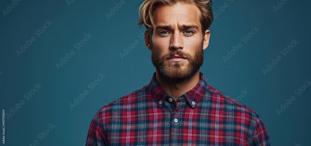Fototapeta premium Portrait of a Handsome Man with a Beard Wearing a Plaid Shirt