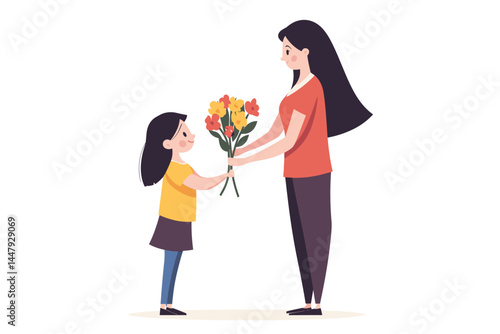 A little girl is giving flowers to her tall mother in a simple