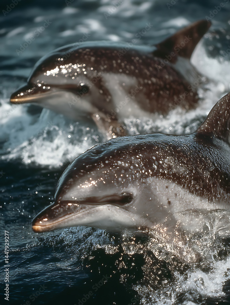 Fototapeta premium Two aquatic mammals swim through water.
