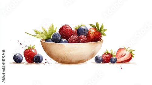 Watercolor Painting of Assorted Berries in Beige Bowl