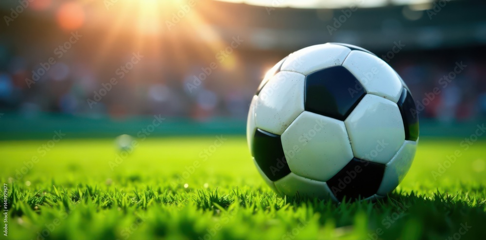 Fototapeta premium Close-up soccer ball on stadium grass, spotlight , composition, texture, goal