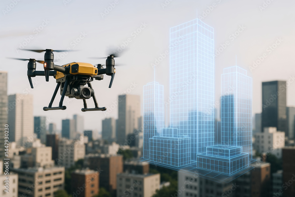 High resolution drone generates dynamic 3D holographic city mapping overlay above urban skyline for precision surveying High resolution drone generates dynamic 3D holographic city mapping overlay above urban skyline for precision surveying